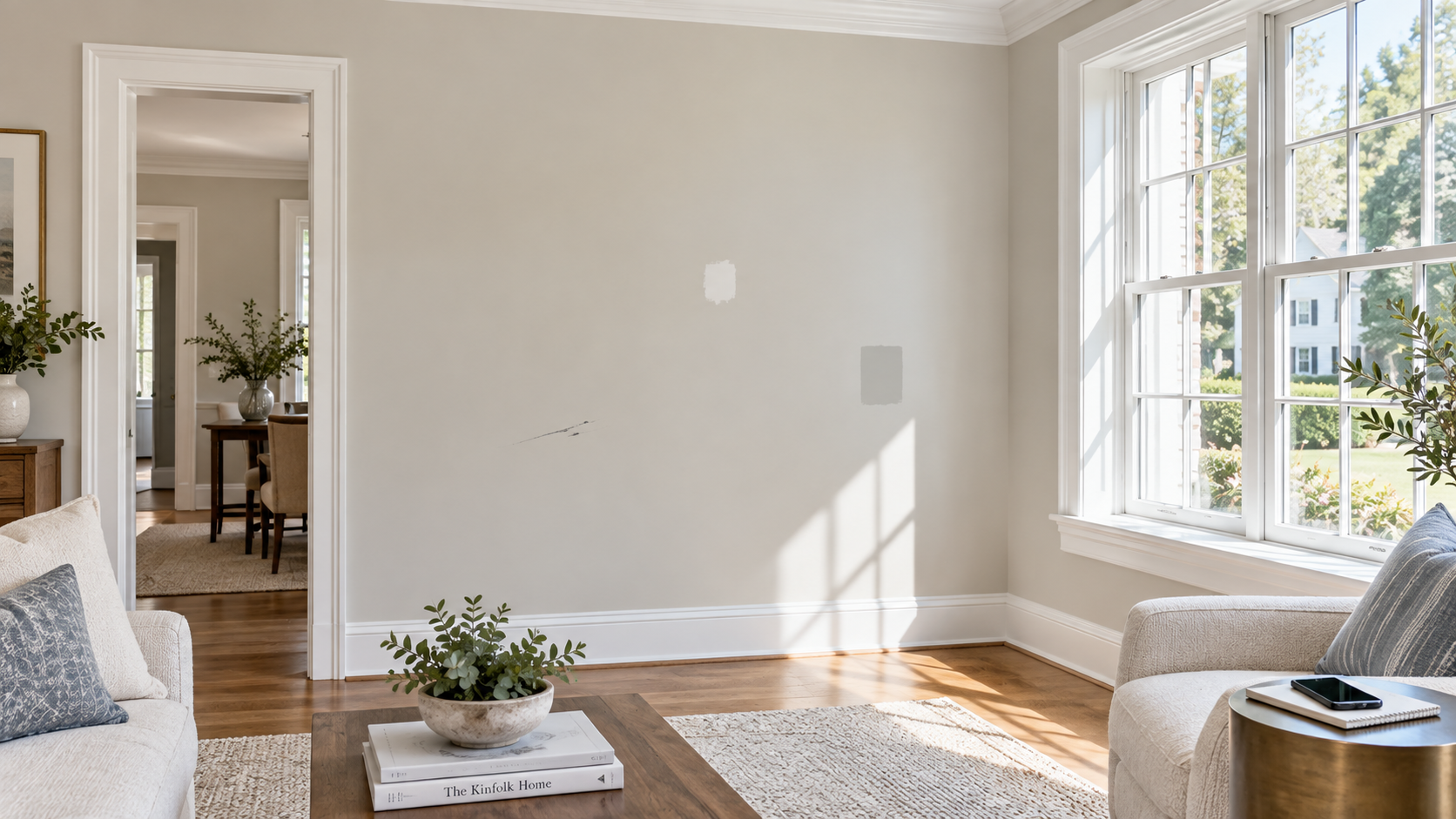 Wall Touch-Up Assessment — Darien, CT Interior wall with visible touch-up areas being assessed in a bright Darien Connecticut home