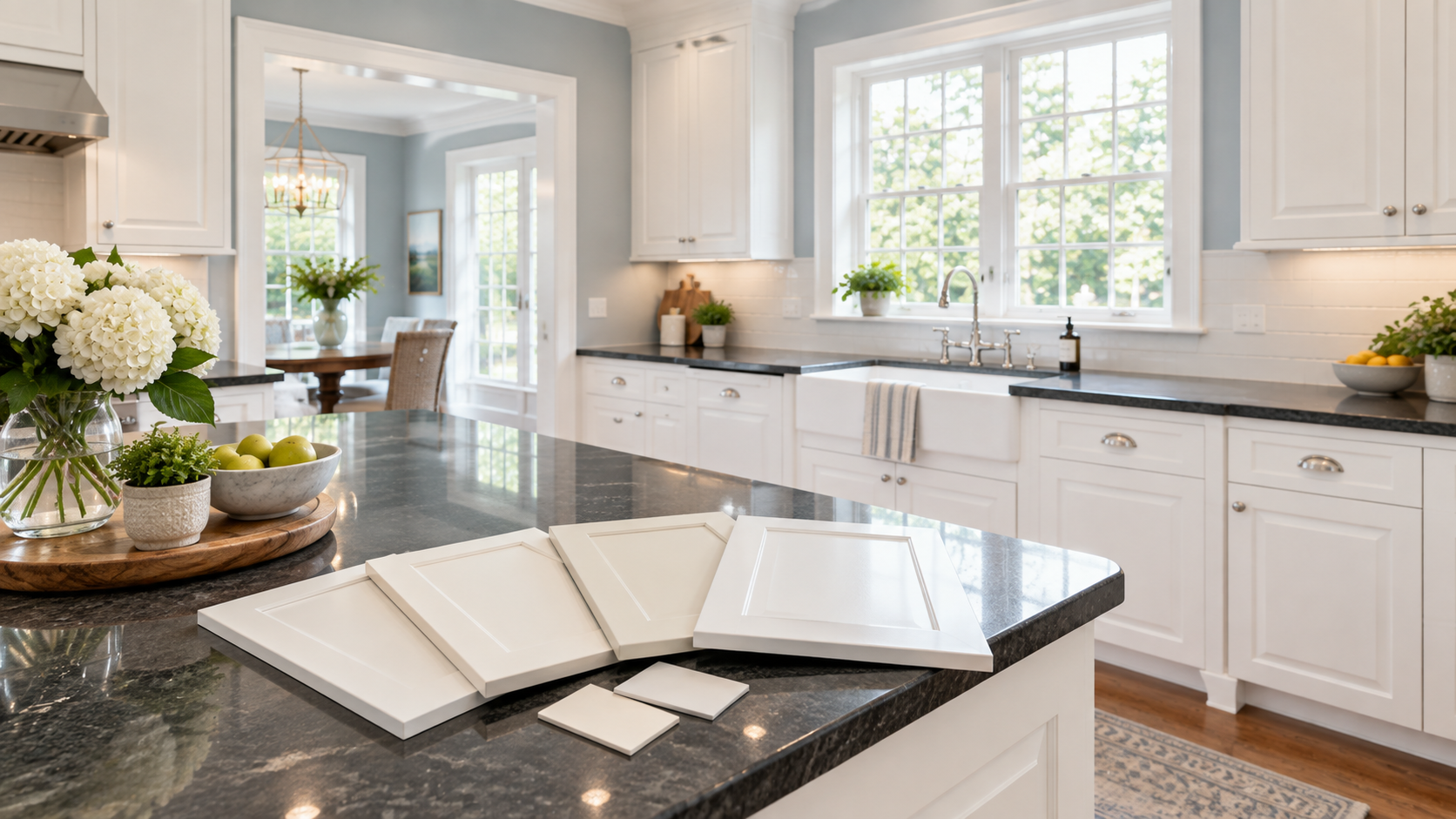 Cabinet Color and Finish Review — Darien, CT White cabinet color and finish samples reviewed inside a bright Darien Connecticut kitchen