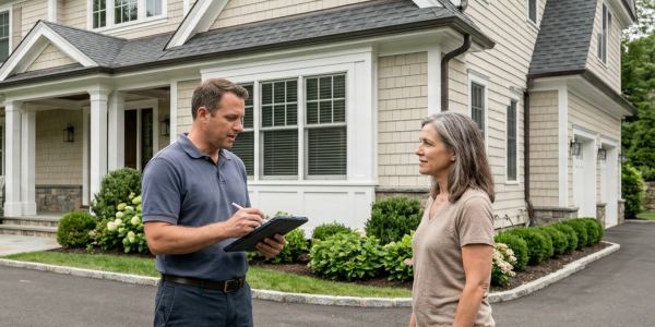 Painter reviewing a house painting estimate with a homeowner outside a Fairfield County home