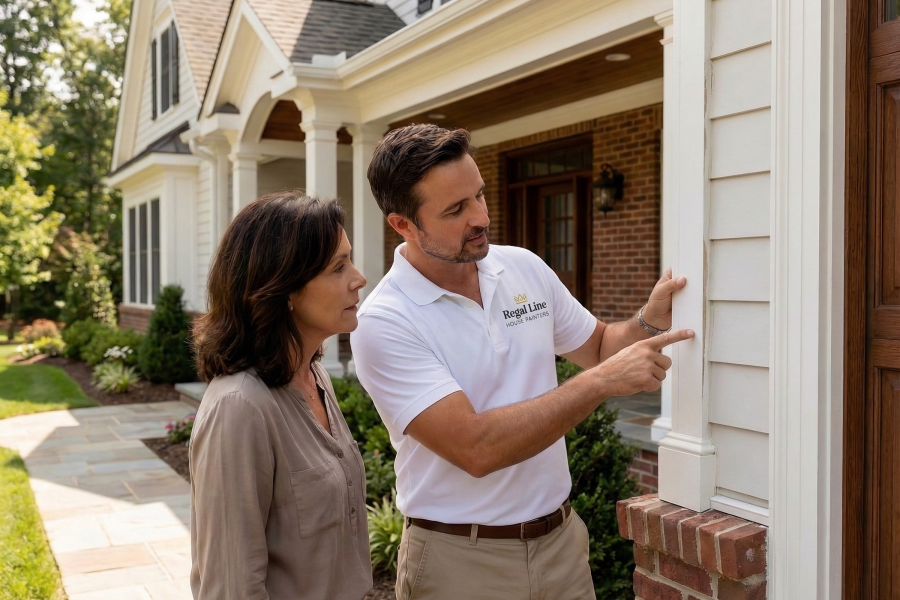 Dario Felix reviewing exterior details with a homeowner at the front entry